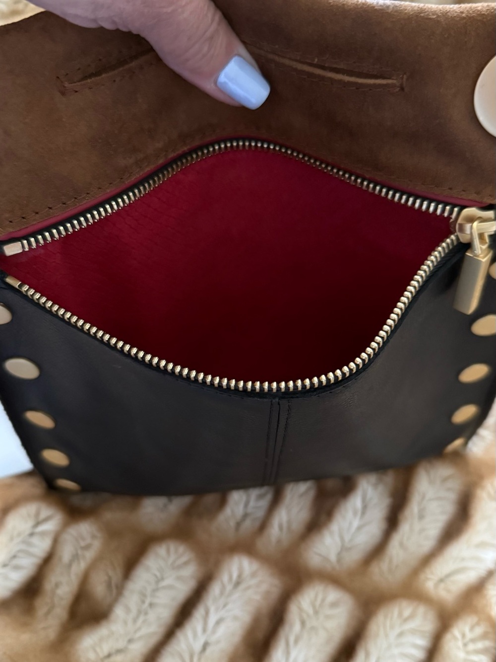 Hammitt Montana Rev Buffed Suede & Leather Crossbody w/Gold Grommet Accents - Picture 6 of 9